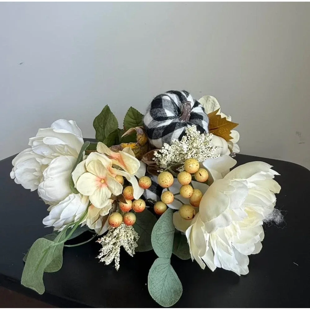 Fall Floral Stem Cream Peonies Buffalo Plaid Pumpkins White 19in Lot of 4